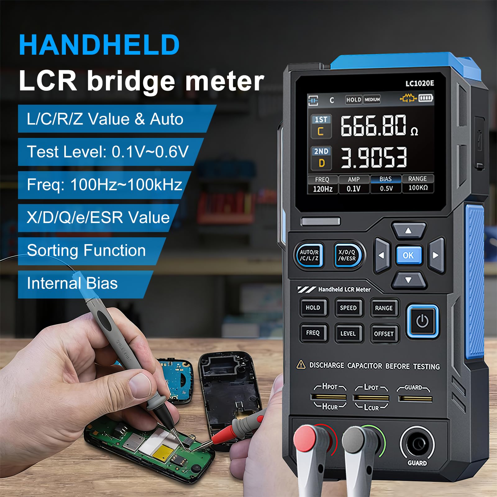 DEWIN LCR Messgerät, Tragbarer Digitaler LCR-Tester LCR Handheld Digitalbrückenprüfgerät unterstützt Kapazitäts-, Widerstands- und Induktivitätsmessungen LC1020E