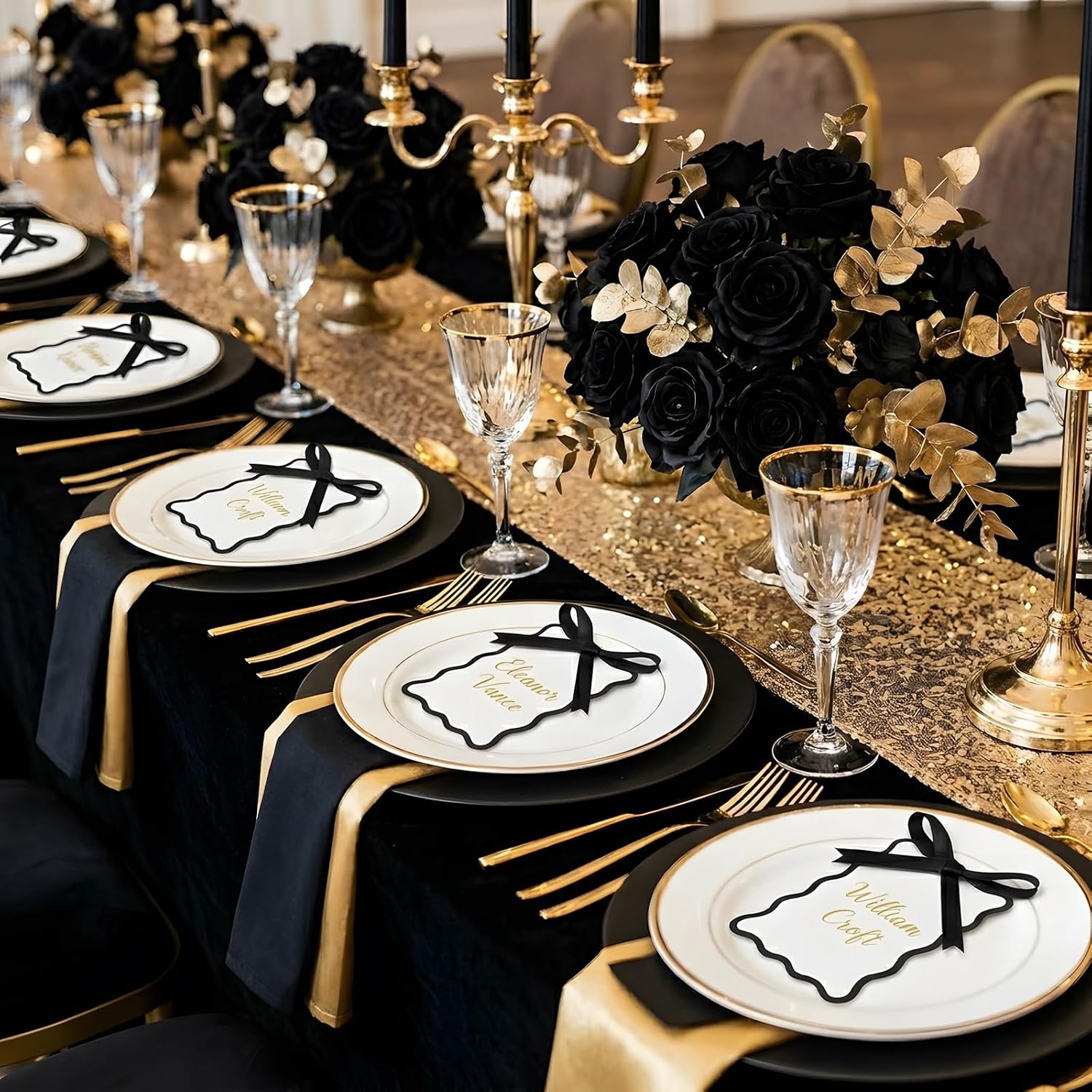 Scallop Place Cards with Satin Ribbon Bows, 50 Set, Blank Gift Tags for Wedding, Birthday Party, 2.36 x 3.54 in (Black)