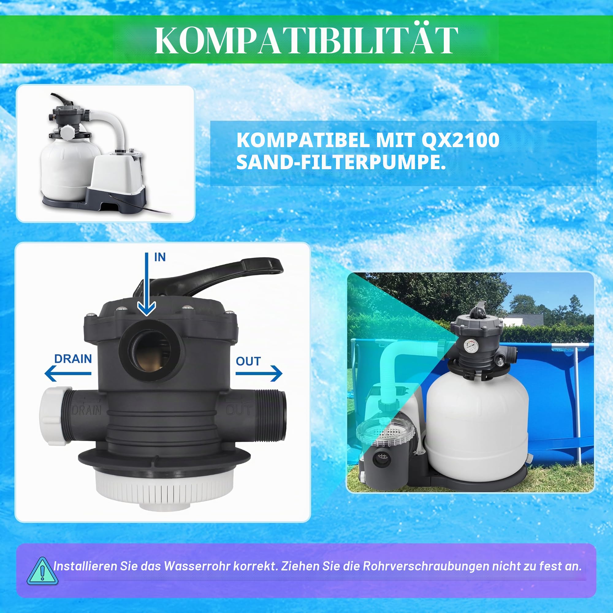 11378 6-Wege-Ventil Ersatz für Intex 12 Zoll Sandfilterpumpe | Kompatibel mit QX2100 Sandfilterpumpe 26645EG, einteiliger Griff, 6 Funktionen, mit O-Ring & Manometer, Rohr kleine Bohrung