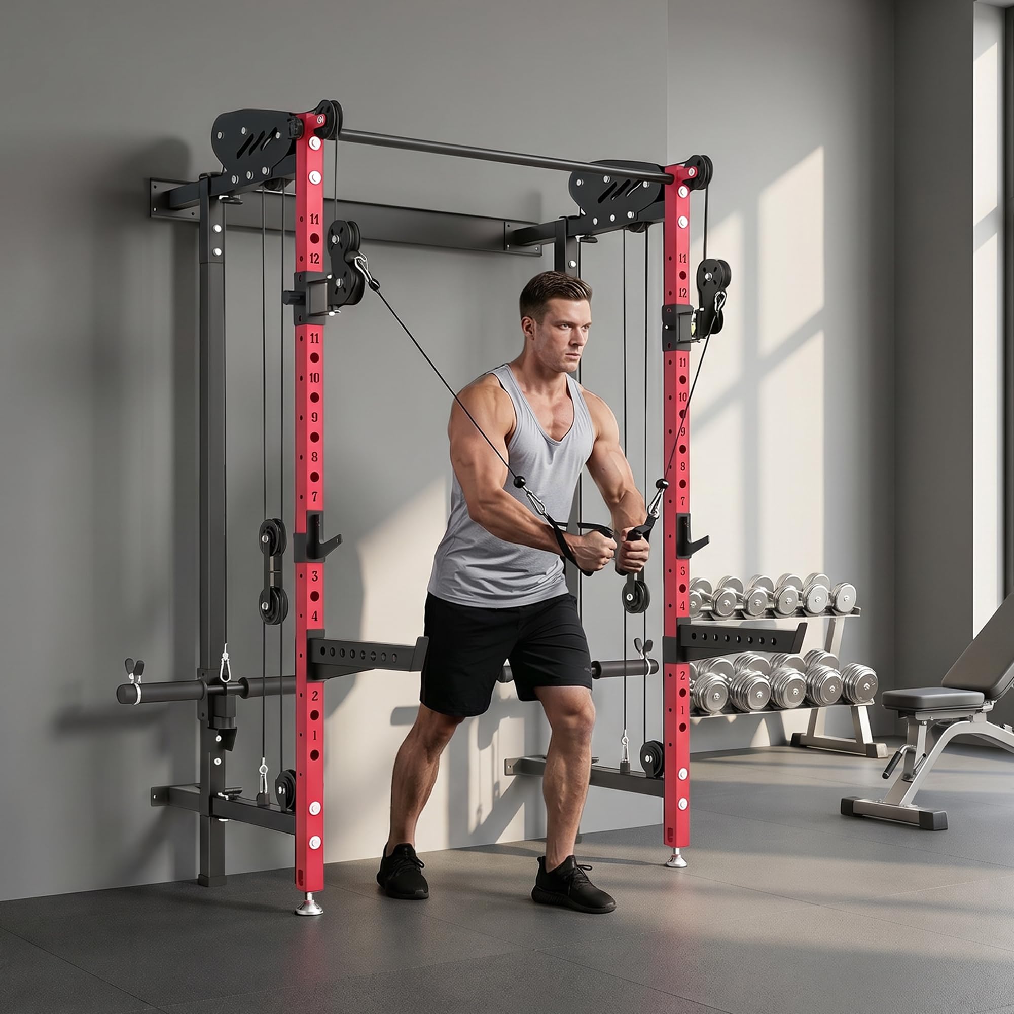 SPORTNOW Jaula de Potencia Musculación Plegable, Rack para Sentadillas | en Pared, Barra de Dominadas, Sistema Poleas Dobles, Soportes Barra Ajustables en 14 Niveles 25-165cm, Carga 700 kg