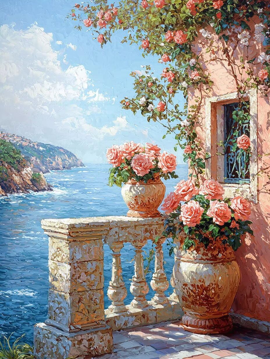 Vista marina floreale Dipingere con i Numeri per Adulti, 70x90cm a-405 | Pittura a Olio Kit, fai da te Quadri da Dipingere Numerat, Adulti Bambini Hobby Creativi,Pittura Adulti Decora la Casa Regalo