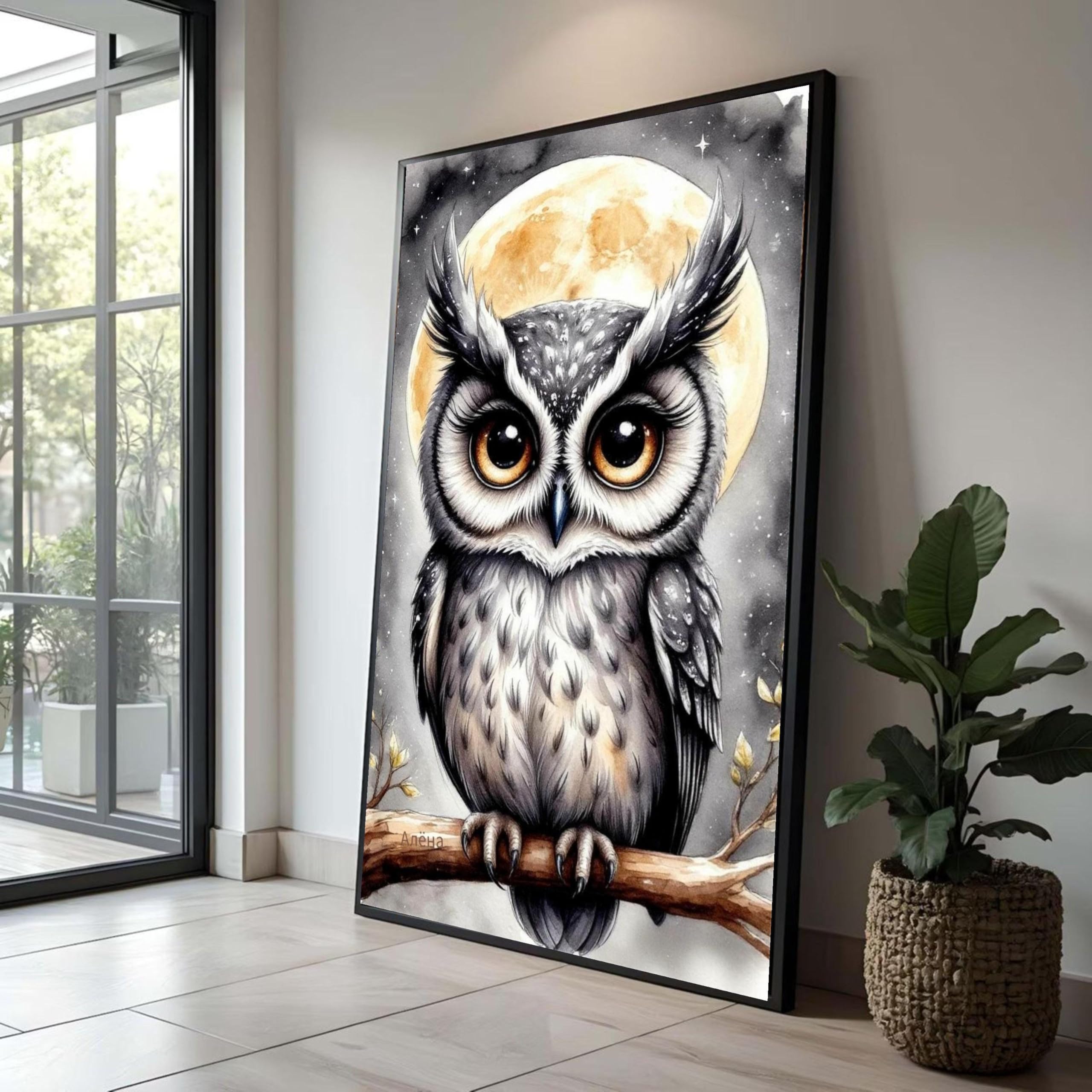 Hibou mignon aux grands yeux tableau décoration murale lune - 8