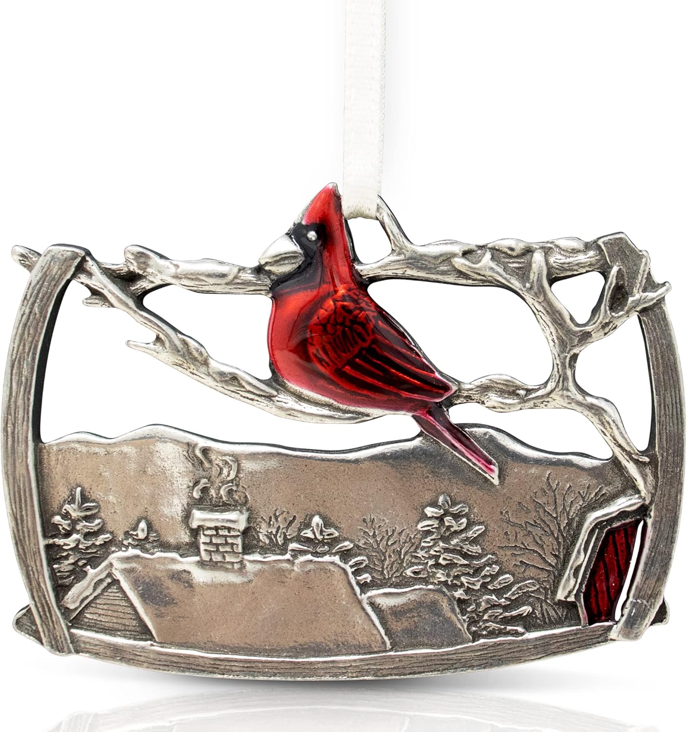 DANFORTH - 'A Visitor' Red Cardinal Christmas Tree Ornament, Hanging Pewter Xmas Decoration, Winter Decor, 2015 Annual Ornament, for Bird Lovers, 2 ½” Wide by 1 ¾” High, Made in USA