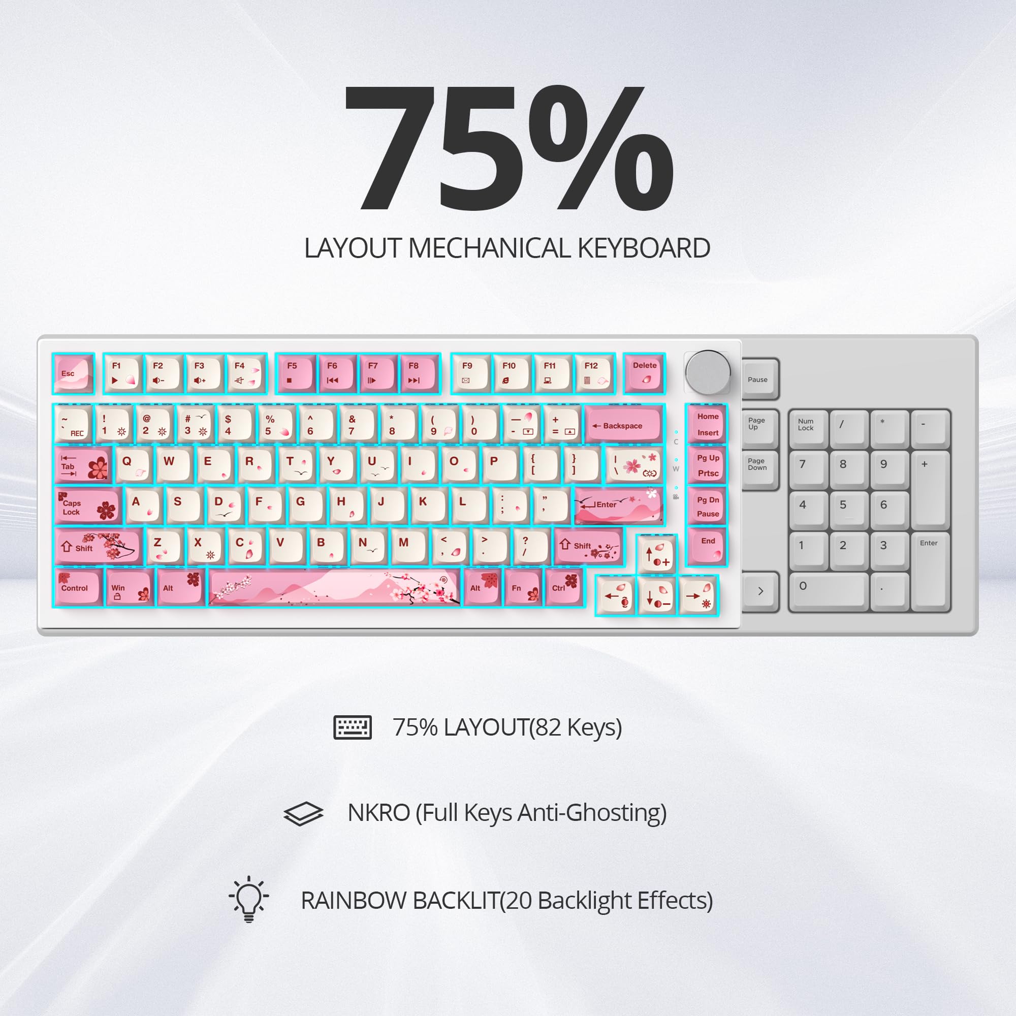 SOLIDEE Teclado Intercambiable en Caliente 75%,Retroiluminación RGB,Gasket Teclado para Juegos de 82 Teclas TKL,Teclado Compacto NKRO con Control de Perilla de Aluminio(82 Flower)
