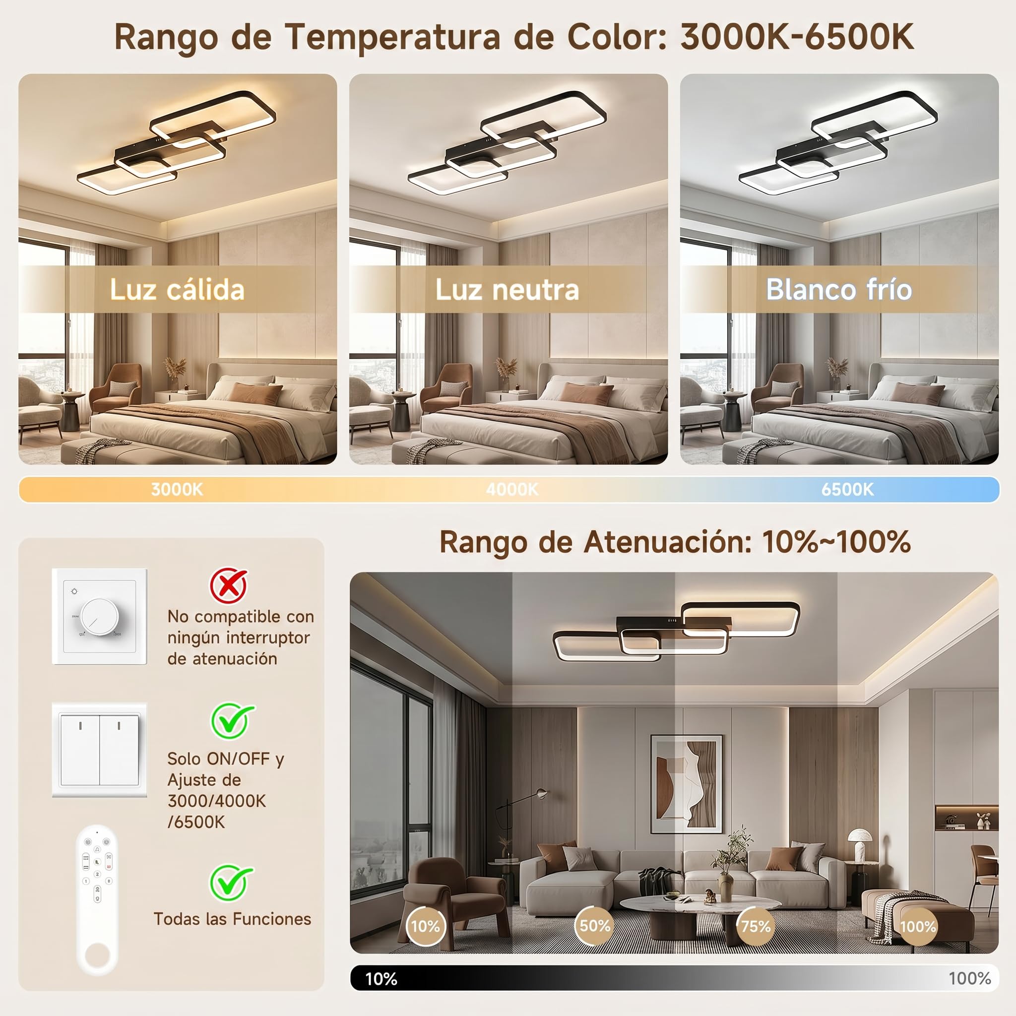 OTREN Lámpara Techo Salón Regulable Moderno 82cm 60W 6000LM, 3000K-6500K con Mando a Distancia, Plafón LED Negro con Memoria y Luz Nocturna para Dormitorio, Cocina y Comedor