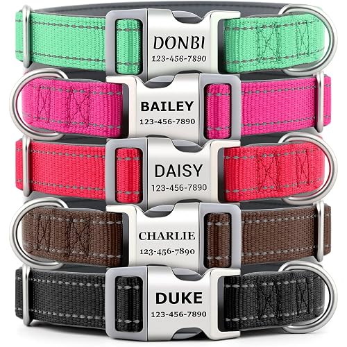 Personalized Dog Collars with Laser Engraved Name & Phone Number – Reflective Nylon Custom Pet Collar, Neoprene Padded, Adjustable for Small Medium Large Dogs with Quick Release Buckle