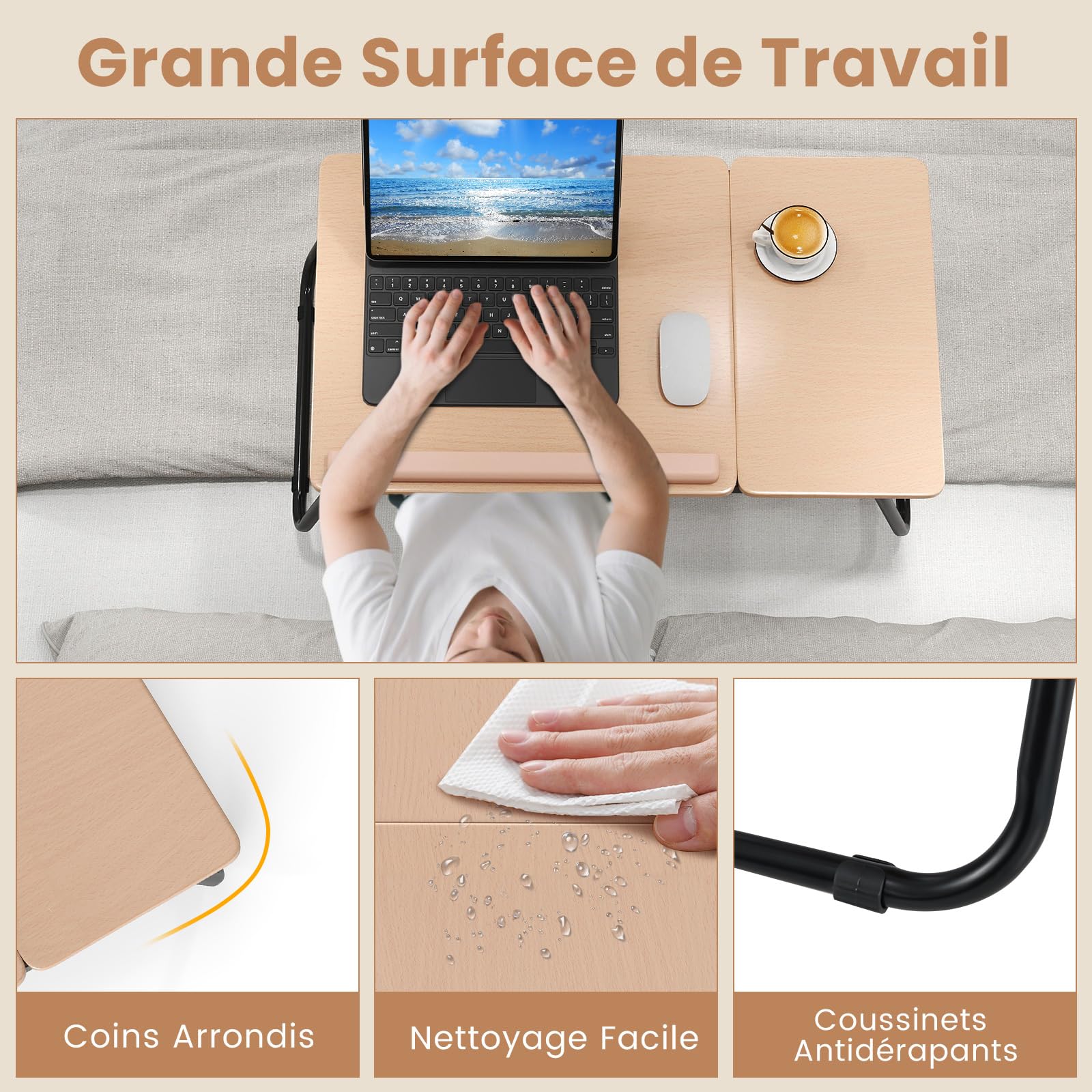 COSTWAY Table de Lit Pliable 55 x 32 cm, Plateau pour Ordinateur Portable avec 5 Angles d'Inclinaison Réglables, Cadre en Métal