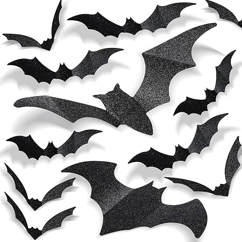 DIYASY Decoración de pared de murciélagos grandes, murciélago colgante con purpurina 3D, decoración de Halloween, calcomanías de plástico para
