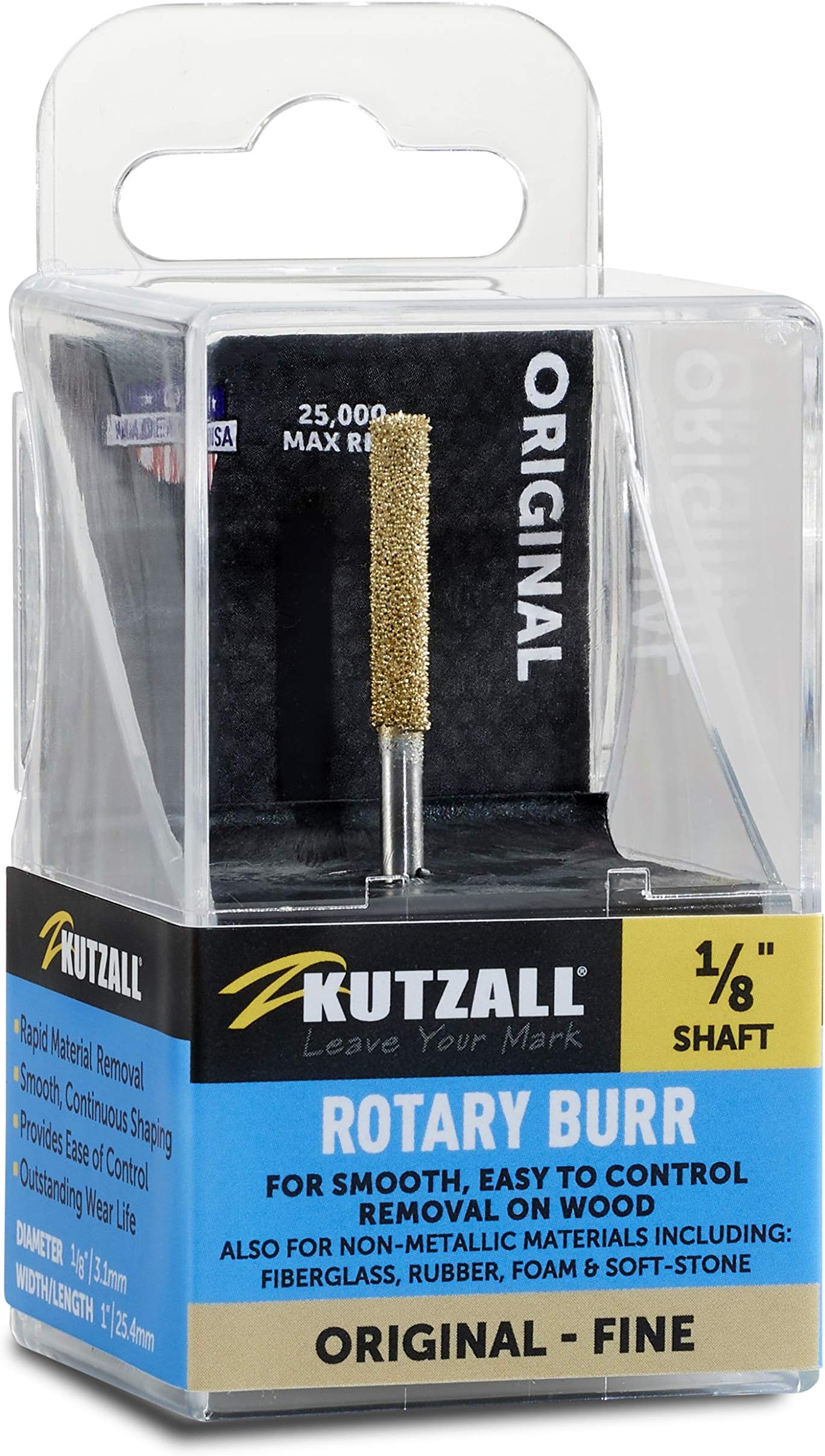 KutzallOriginal Cylinder Rotary Burr, 1⁄8" Shaft, Fine - Woodworking Attachment for Dremel, Foredom, Milwaukee, etc. Abrasive Tungsten Carbide, 1⁄8" (3.1mm) Dia. X 7⁄8" (22.2mm) Length, C-18-EG