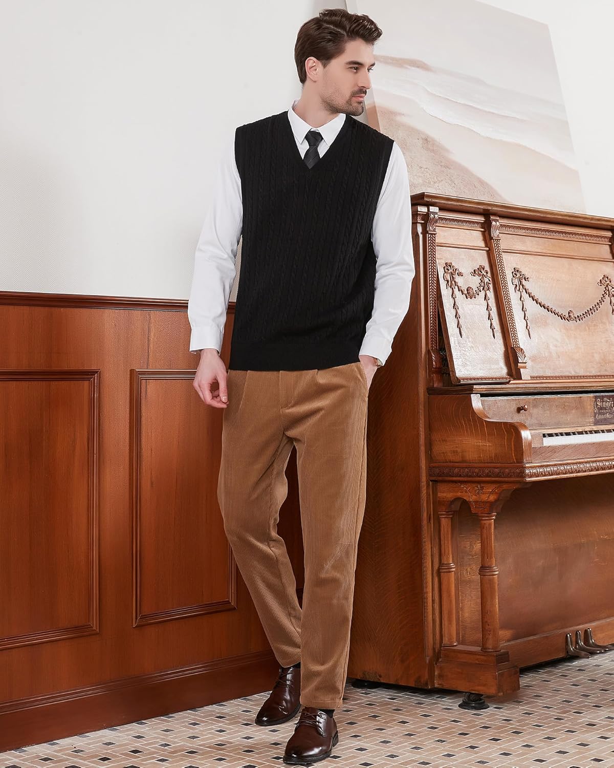 Kallspin Men’s Wool Blended Cable Knit Sweater Vest V Neck Relaxed Fit Sleeveless Pullovers - Image 5