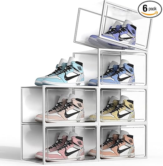 SEE SPRING 6 Pack Shoe Storage Box, Clear Plastic Stackable Shoe Organizer for Closet, X-Large Shoe Containers Bins Holders for Display Sneaker Fit up to Size 14 (Clear)