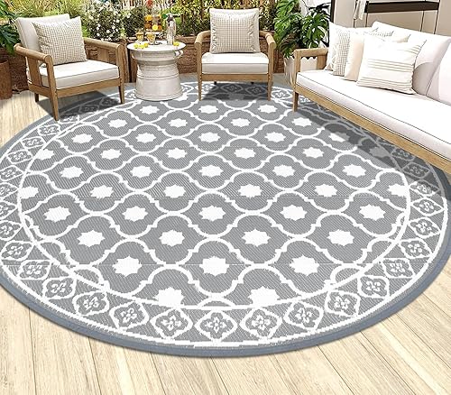HEBE Alfombra redonda para exteriores, 6 pies, impermeable, reversible, de plástico, para campamento, para caravana, cámper, porche, terraza,