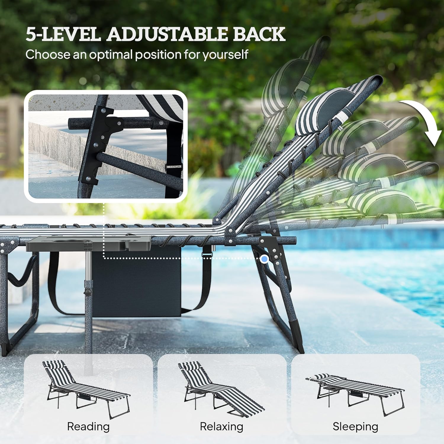 Outsunny Folding Chaise Lounge Chair Outdoor Tanning Chair with Side Table, 5-Level Adjustable Beach Lounge Chair with Headrest, Side Pocket for Patio, Backyard, Beach, Poolside, Blue and White