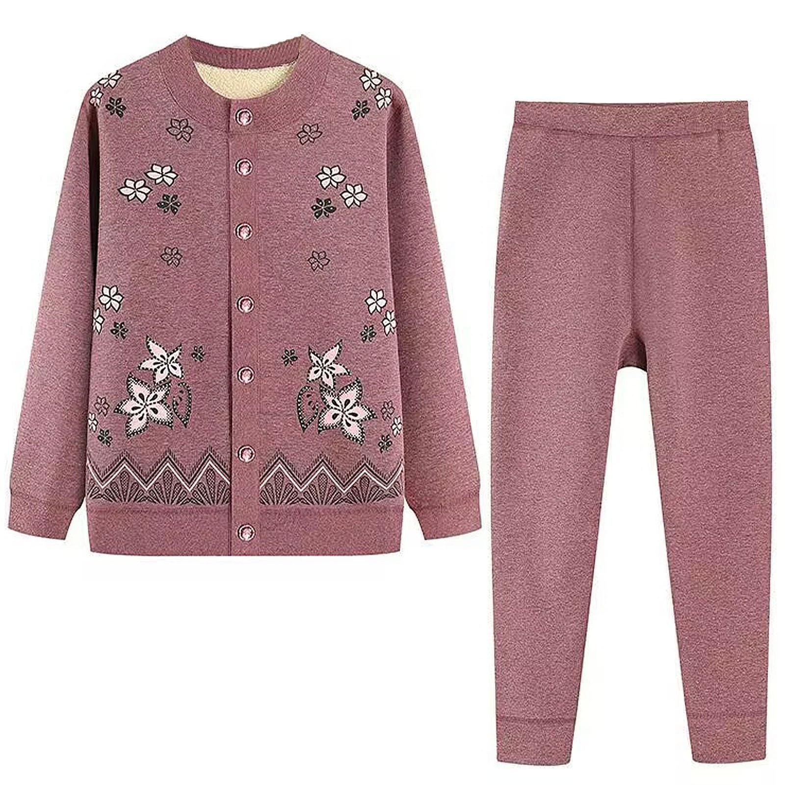 Conjunto De 2 Piezas Cárdigans Estampados For Mujer Suéter Punto Pantalones Y Parte Superior E Inferior Ropa Interior Térmica For Personas Mayores Capa Base Chaqueta Pijama