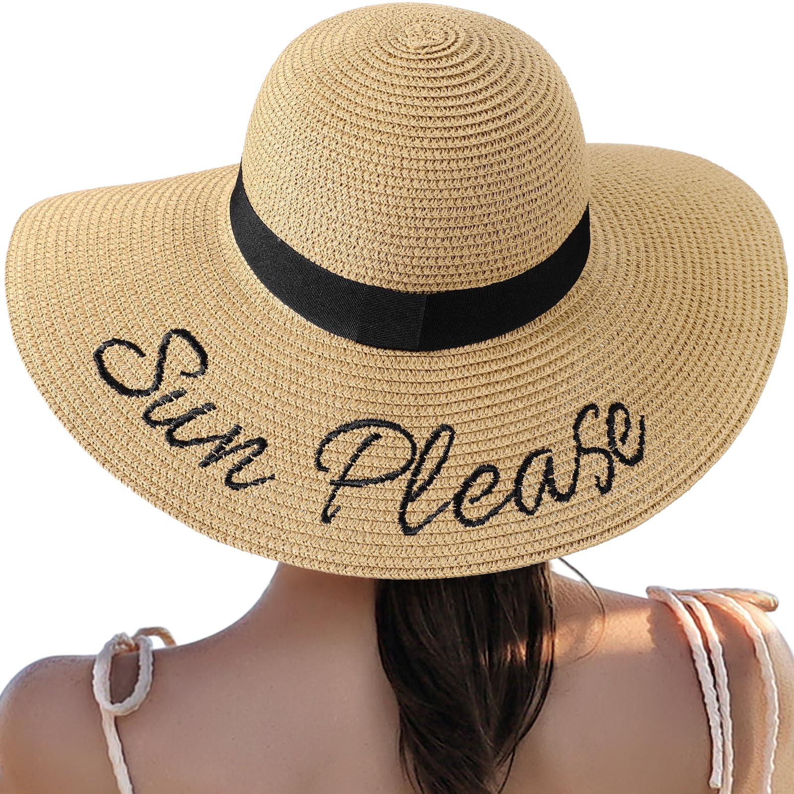 Beach Sun Hats for Women - Wide Brim Straw Womens Summer Hat with Wind Lanyard Roll Up, Foldable Beach Hat UV Protection