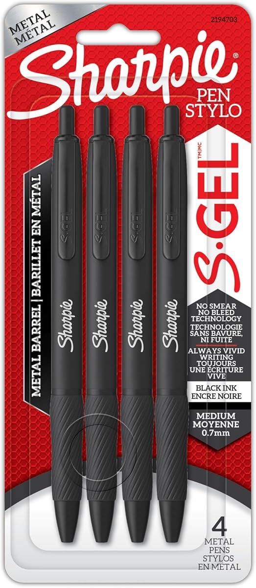 Sharpie S-Gel, Gel Pens, Sleek Metal Barrel, Matte Black, Medium Point (0.7mm), Black Ink, 4 Count