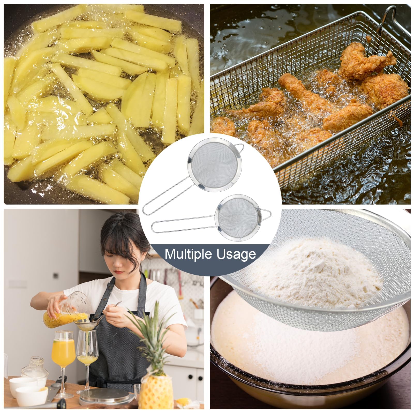 Paquete de 2 coladores pequeños de malla fina de acero inoxidable con ganchos de cocina, 12 cm/8 cm de diámetro, colador de té de malla fina con asa, ideal para jugo, huevo, té, café, filtro de harina