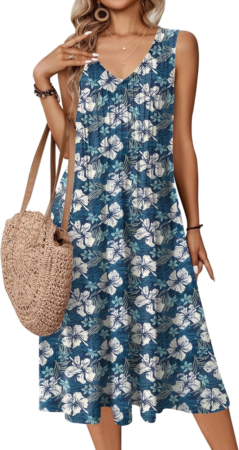 Zeagoo Women Summer Casual Dresses 2026 Sleeveless Midi Pleated Tank Sundress with Pockets V Neck A Line Swing Tshirt Dress