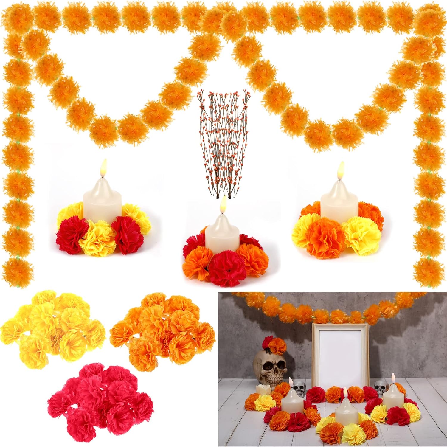 Amazon｜82個 フラワーガーランドセット マリーゴールドフラワー 人工マリーゴールドピック オレンジベリーステム ベリーブランチ ラタン