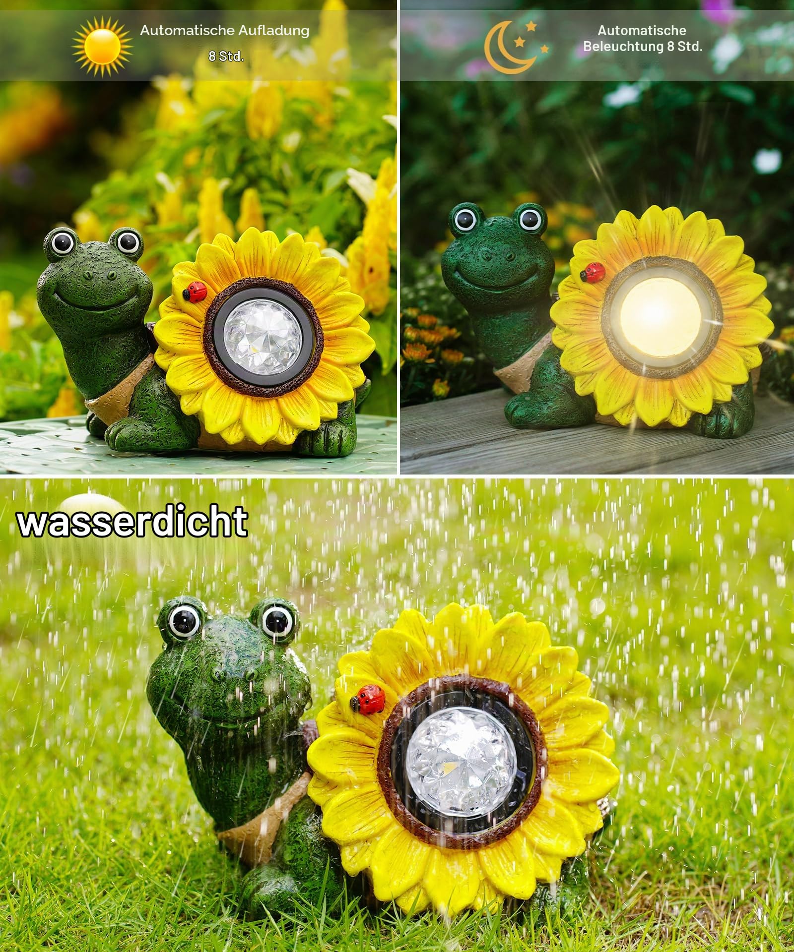 Yeomoo Solar Schildkröte Deko Figur mit Sonnenblume & Käfer Gartendeko Grün