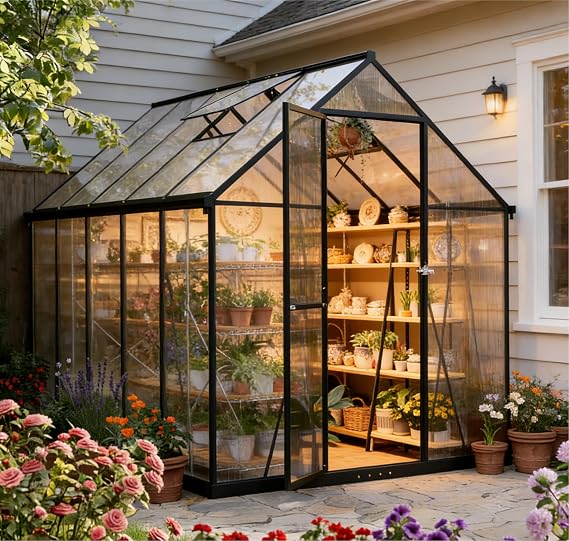 6 x 10ft Polycarbonate Greenhouse, 2026 Upgraded Large Garden Black Greenhouse with Adjustable Roof Vent, Lockable Door, Upgraded Aluminum Anti-Storm-Snow frame, Plant Grow House for Patio Backyard