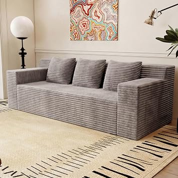 Majnesvon 71" Small Boneless Couch, Corduroy 3 Seater Couch for Living Room with 3 Pillows & Armrests, Deep Seat Sofa for Small Spaces, Apartment Antique Camel