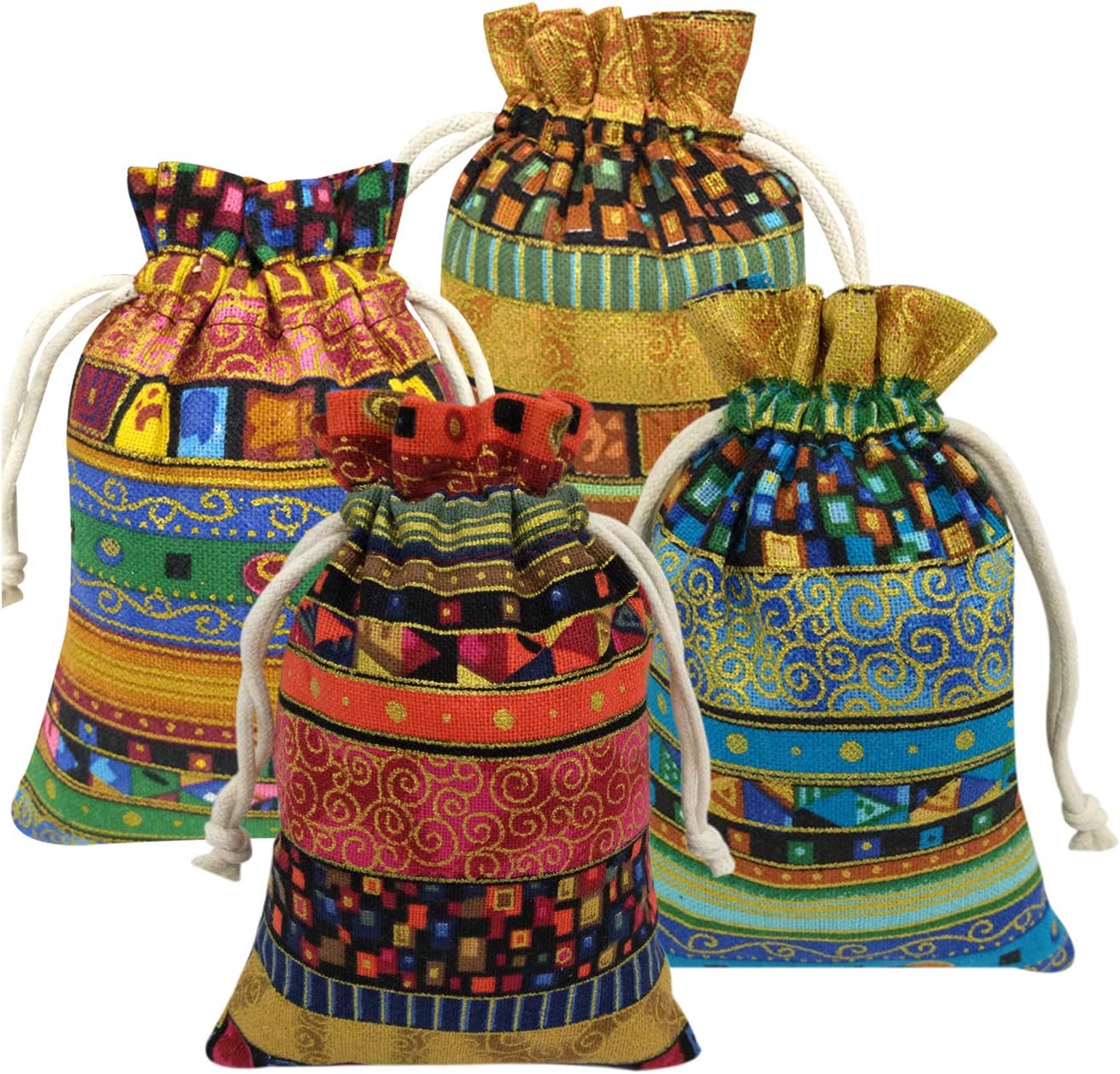 60 Pcs Egyptian Ethnic Style Cotton Bags with Drawstring, 5" X 7" Wedding Party Gift Bags Jewellery Bags (4 Colors)