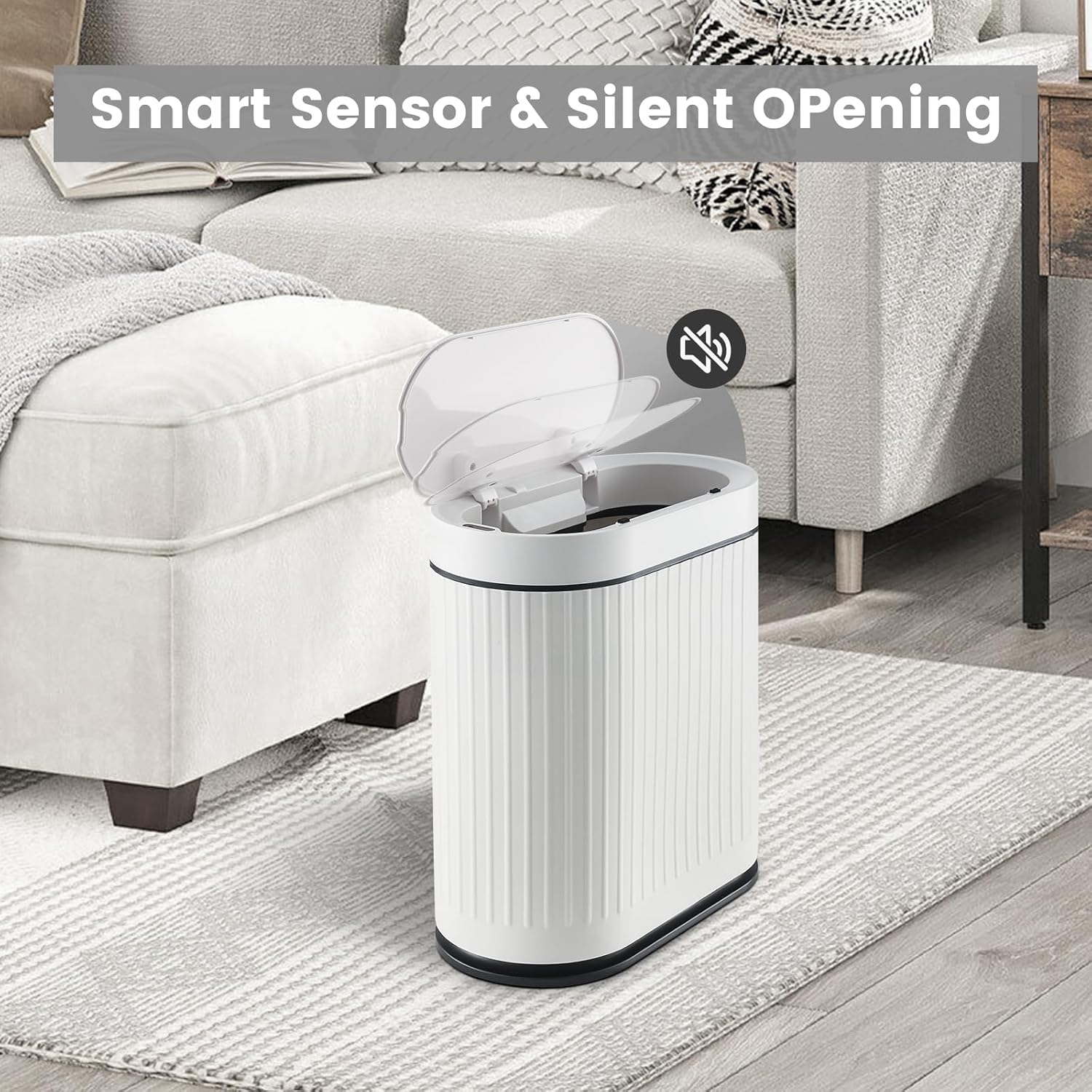 ELPHECO Bathroom Trash Can 2 Gallon Plastic Smart Garbage Can Waterproof Wastebasket Bathroom Decor Narrow Garbage Bin with Automatic lid for Bedroom, Kitchen, Office, White Black