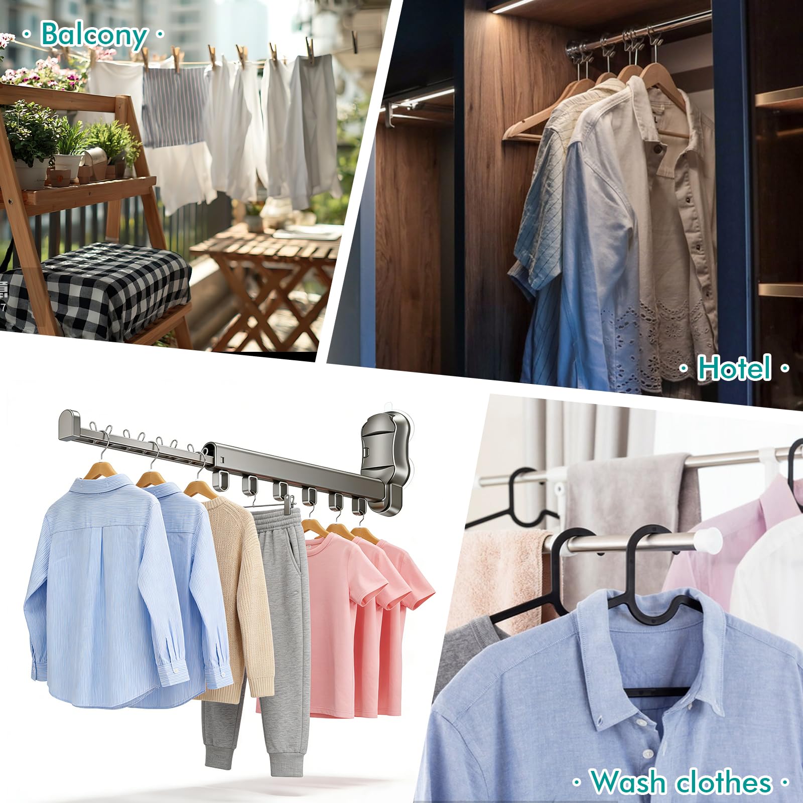 Étendoir Linge Mural Pliable avec Ventouse, Étendoir à Linge Mural Rétractable 25cm, Étendoir Rabattable 90°, Support Murale Gain de Place pour Balcon & Salle de Bain