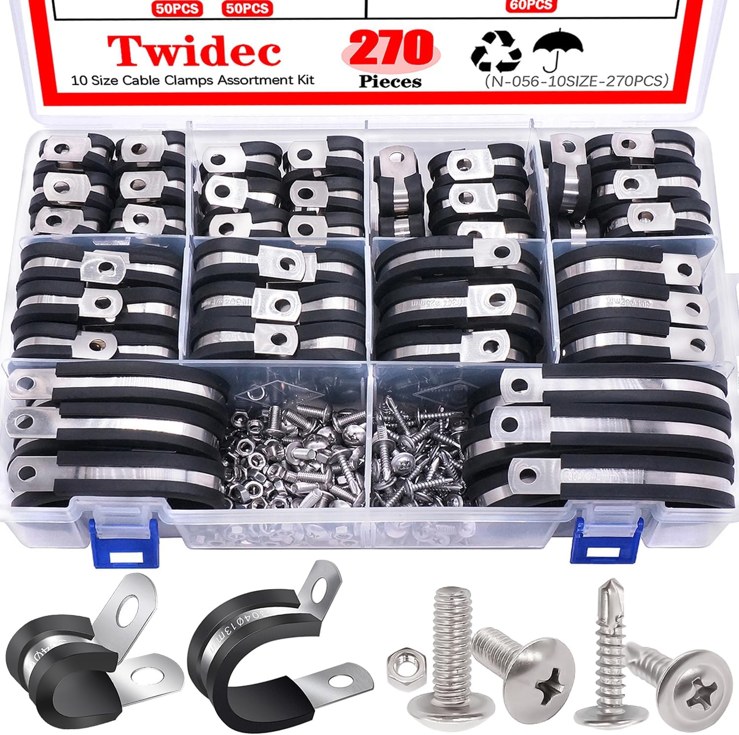 Twidec/270PCS Cable Clamps Assortment Kit 304 Stainless Steel Rubber Coated Cushion Clamps 10 Sizes 1/4" 5/16" 3/8" 1/2" 5/8" 3/4" 1" 1-1/4" 1-1/2" 1-3/4" With Screw For Automotive Wire Pipe Clamps