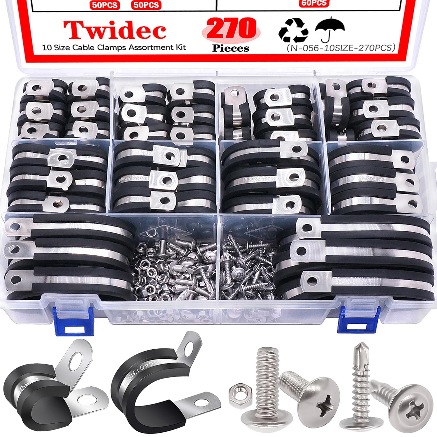Twidec/270PCS Cable Clamps Assortment Kit 304 Stainless Steel Rubber Coated Cushion Clamps 10 Sizes 1/4" 5/16" 3/8" 1/2" 5/8" 3/4" 1" 1-1/4" 1-1/2" 1-