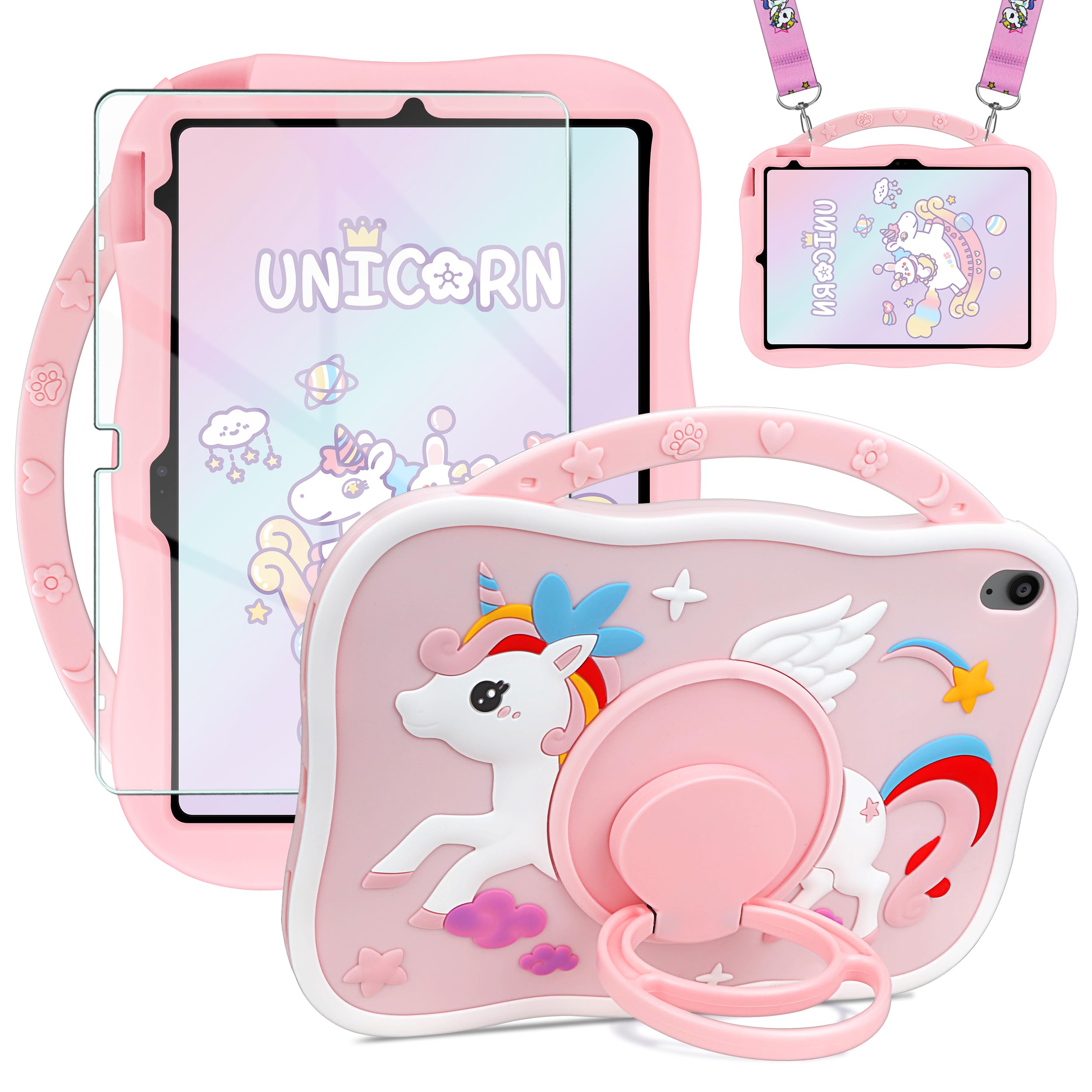 XNMOA for iPad 10th Generation Cute Pink iPad 10.9 inch Case with Screen Protector Shoulder Strap with 360 Degree Kickstand Silicone Shockproof Tablet Cover for 10th Gen Case