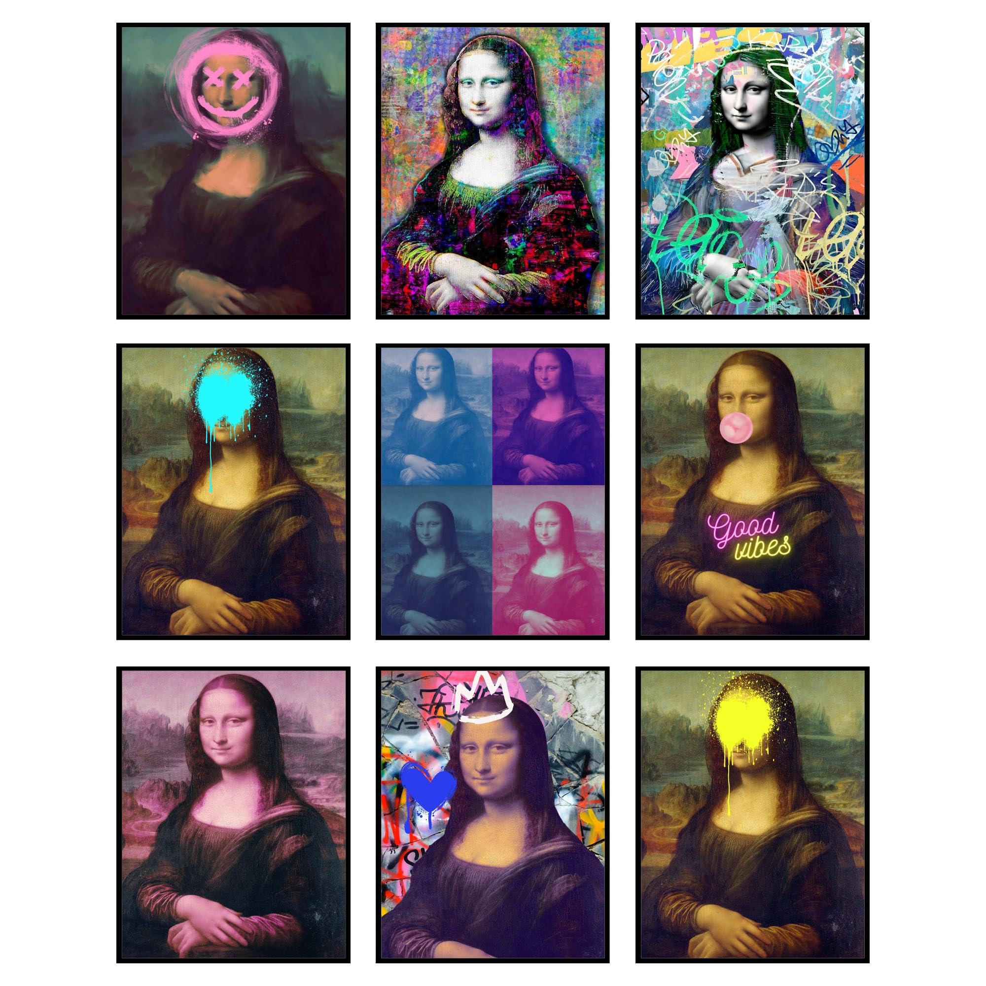 BigWig Prints Altered Mona Lisa Wall Art - Trendy Pop Art Prints, Maximalist Wall Decor, Preppy Dorm Room Posters, Hipster Aesthetic Artwork, Colorful Mona Lisa Posters - Unframed Set of 9 (8x10)