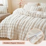 LIFEREVO Luxury Fluffy Faux Rabbit Fur Duvet Cover Set, Soft Ivory Plush Shaggy Bubble Bedding Set Home Decoration, 1 Fuzzy Washable Comforter Cover + 2 Furry Pillowcases, Zipper Closure, Beige, Queen