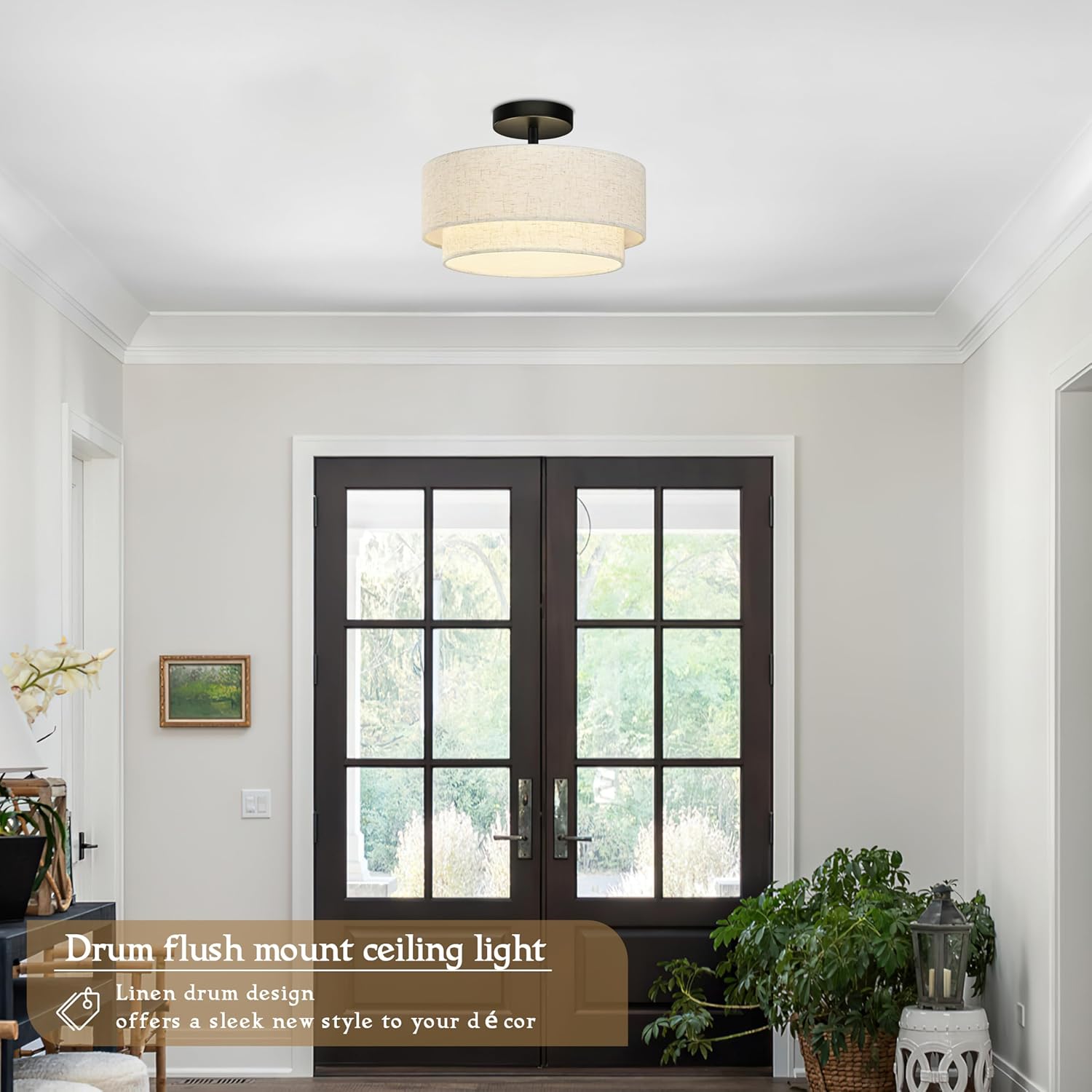 12.6 inch Flush Mount Ceiling Light Black Close to Lights Fixture with 2-Layer Fabric Shade 3-Light Drum Modern Lights for Dining Room Bedroom Hallway