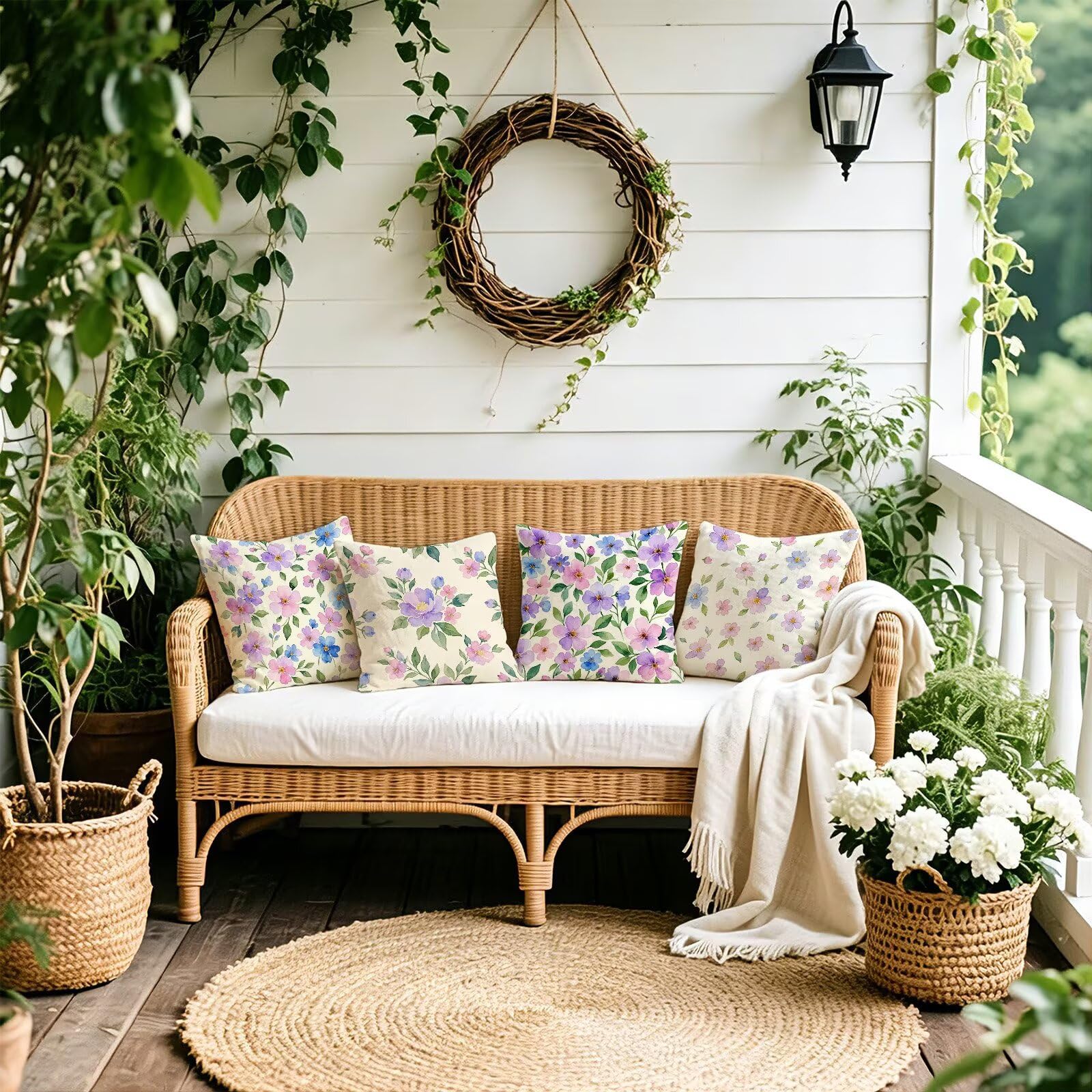 Viola Federe Cuscini Divano 65x65cm, Cuscini da Esterno Set de 4, Cod-100 | Velour Copricuscini Decorativi Letto Arredo, per Letto, Soggiorno, Giardino, Esterno, Casa Decorazione Set di 4 Fiore