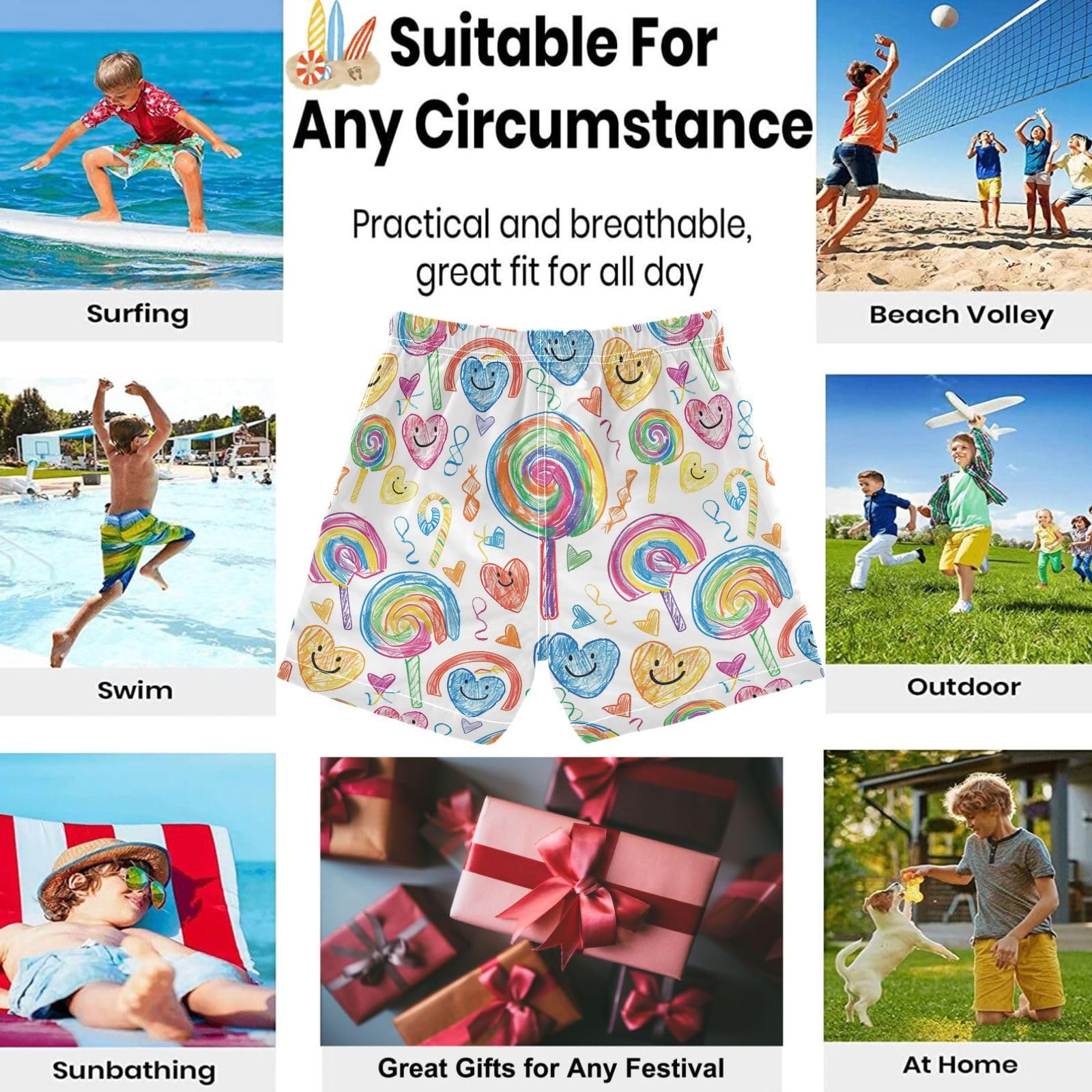 visesunny Summer Boy's Beach Shorts Crayon Heart Lollipop Quick Dry Swim Trunks Baby Boy Bathing Suit with Pockets L Multi