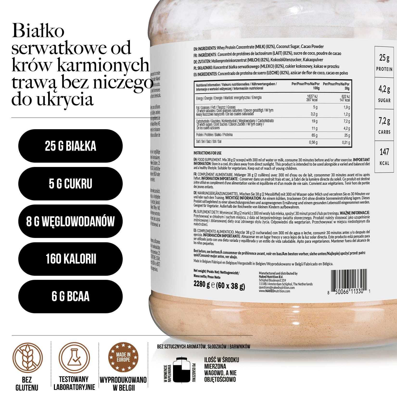 Naked Whey – białko serwatkowe w proszku, czekolada, bez GMO, bez soi, bez glutenu, wspomaganie wzrostu i regeneracji mięśni - 2280 g