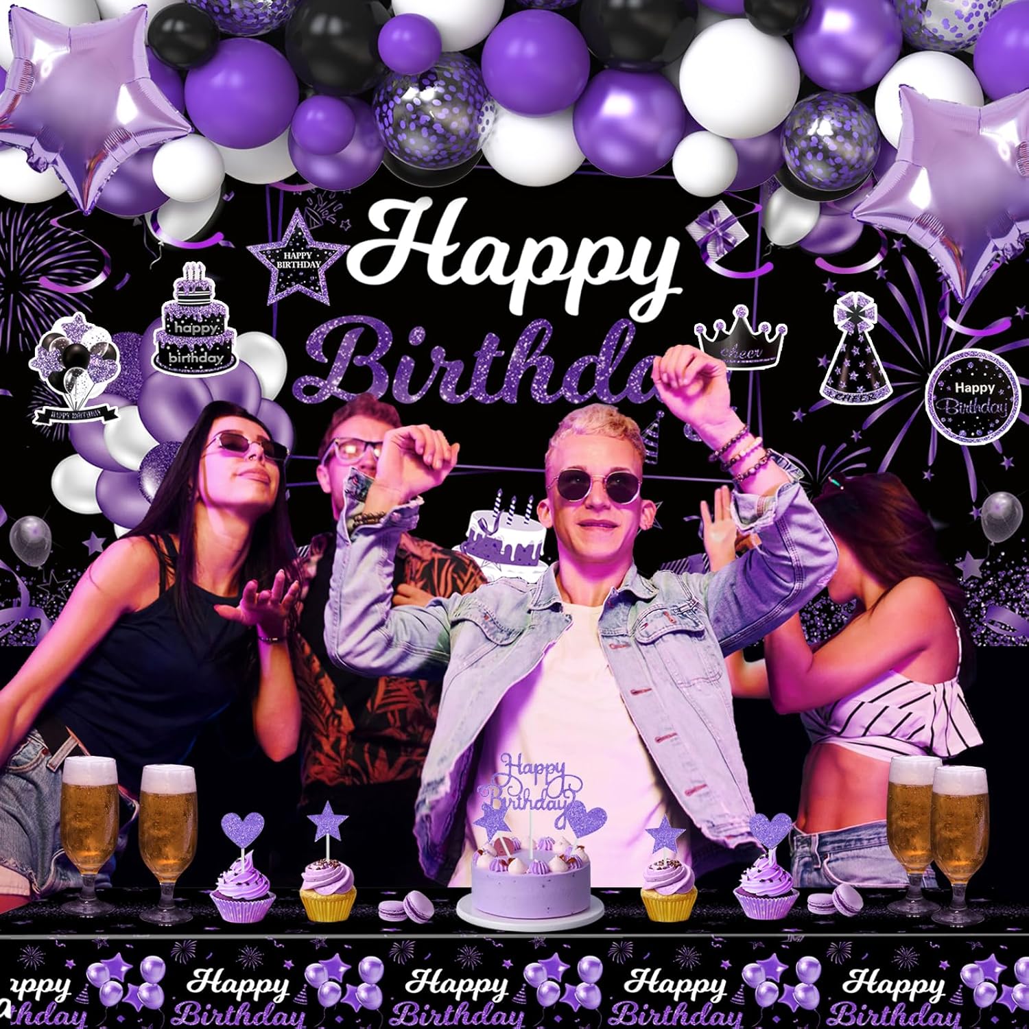 28th Birthday Decorations for Women, Purple Black Happy 28 Party Decor with Backdrop Banner, Tablecloth, 28 Number Foil Balloons for Her - Image 7
