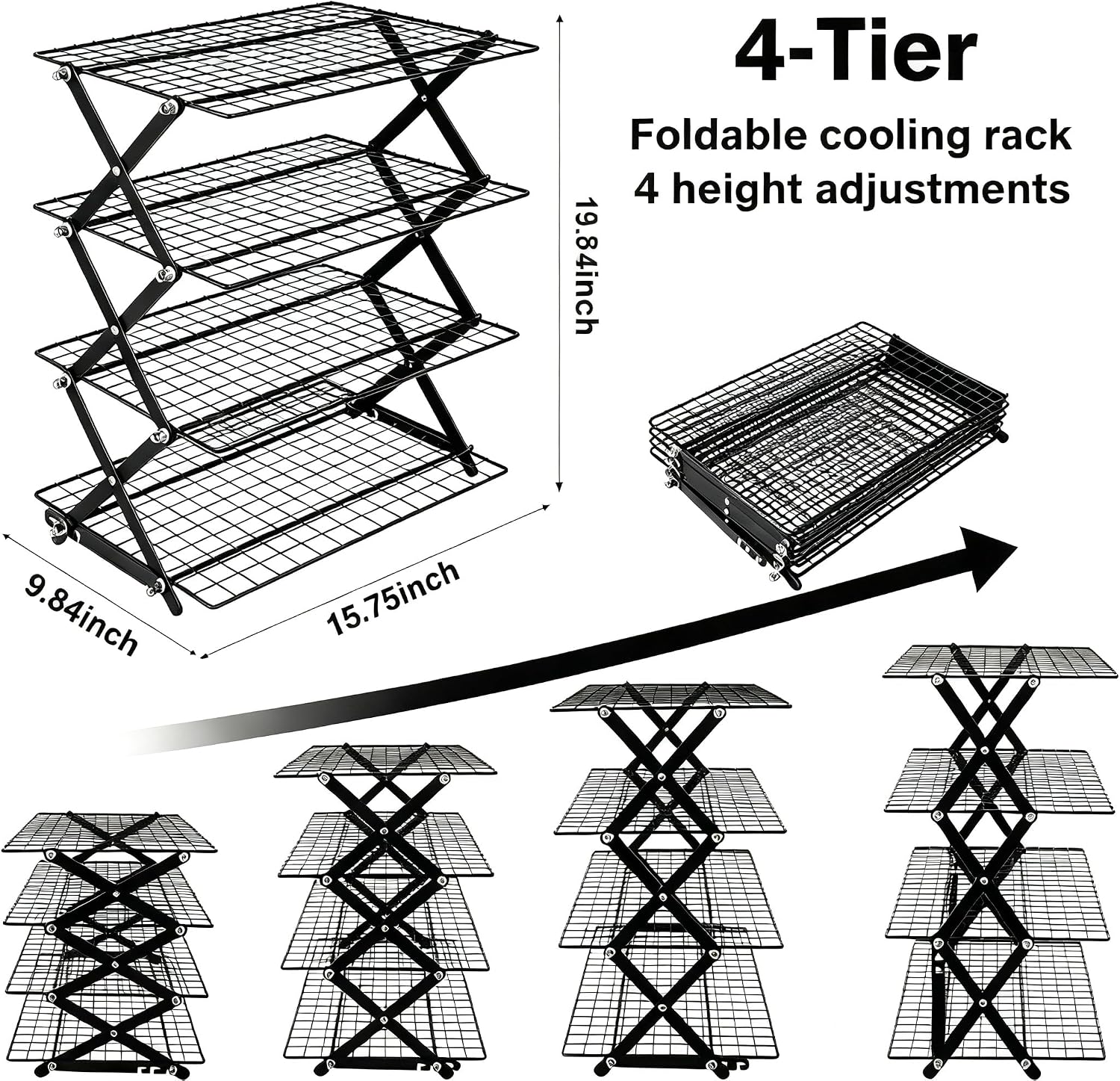 4 Tier Collapsible Stainless Steel Cooling Rack,16"x10" Stackable X Frame