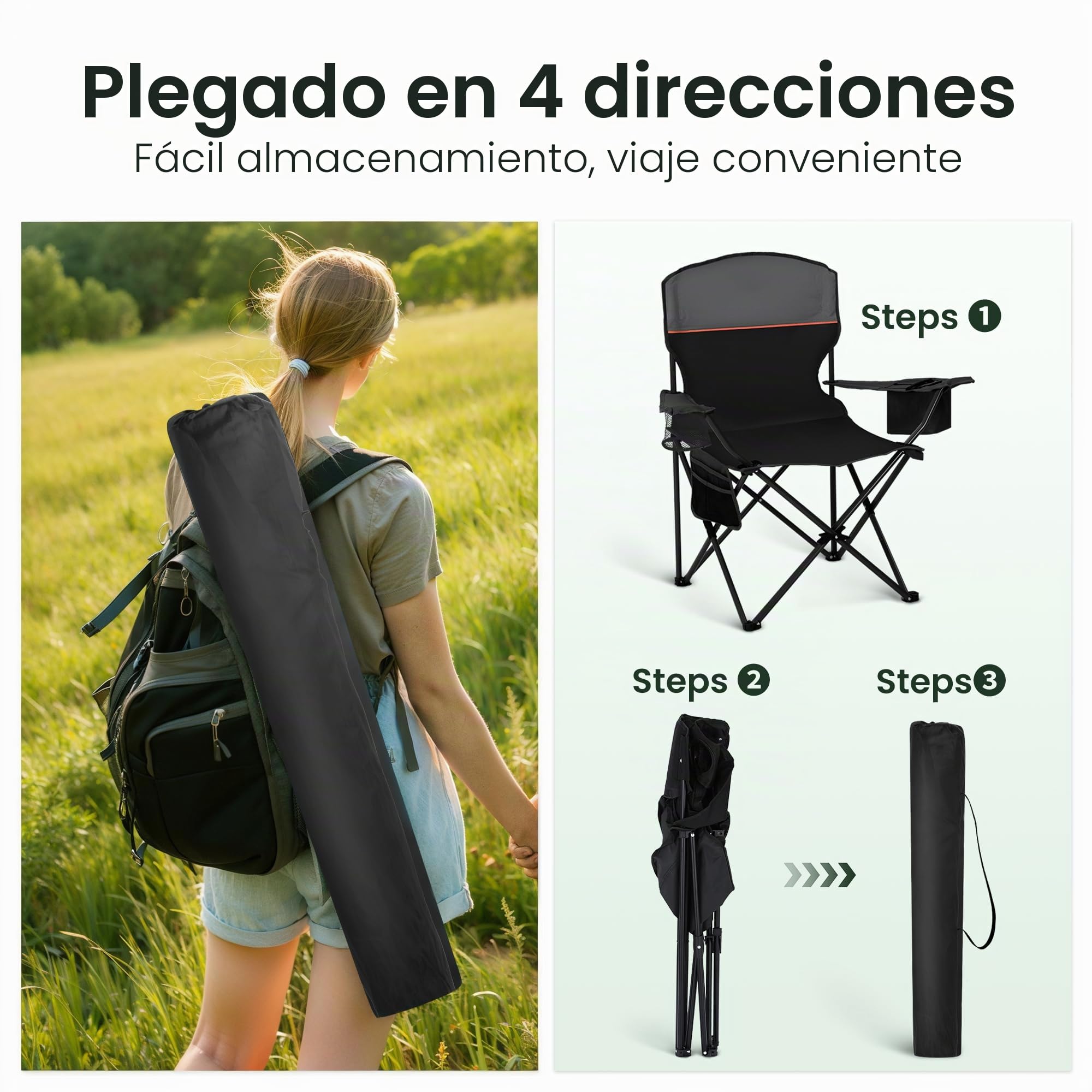 High Point Sports Sillas Plegables de Camping hasta 102 kg, Sillas Plegables con Soporte para Bebidas, Juego de 2 Silla Plegable con Reposabrazos Negro Silla de Camping Ultraligera