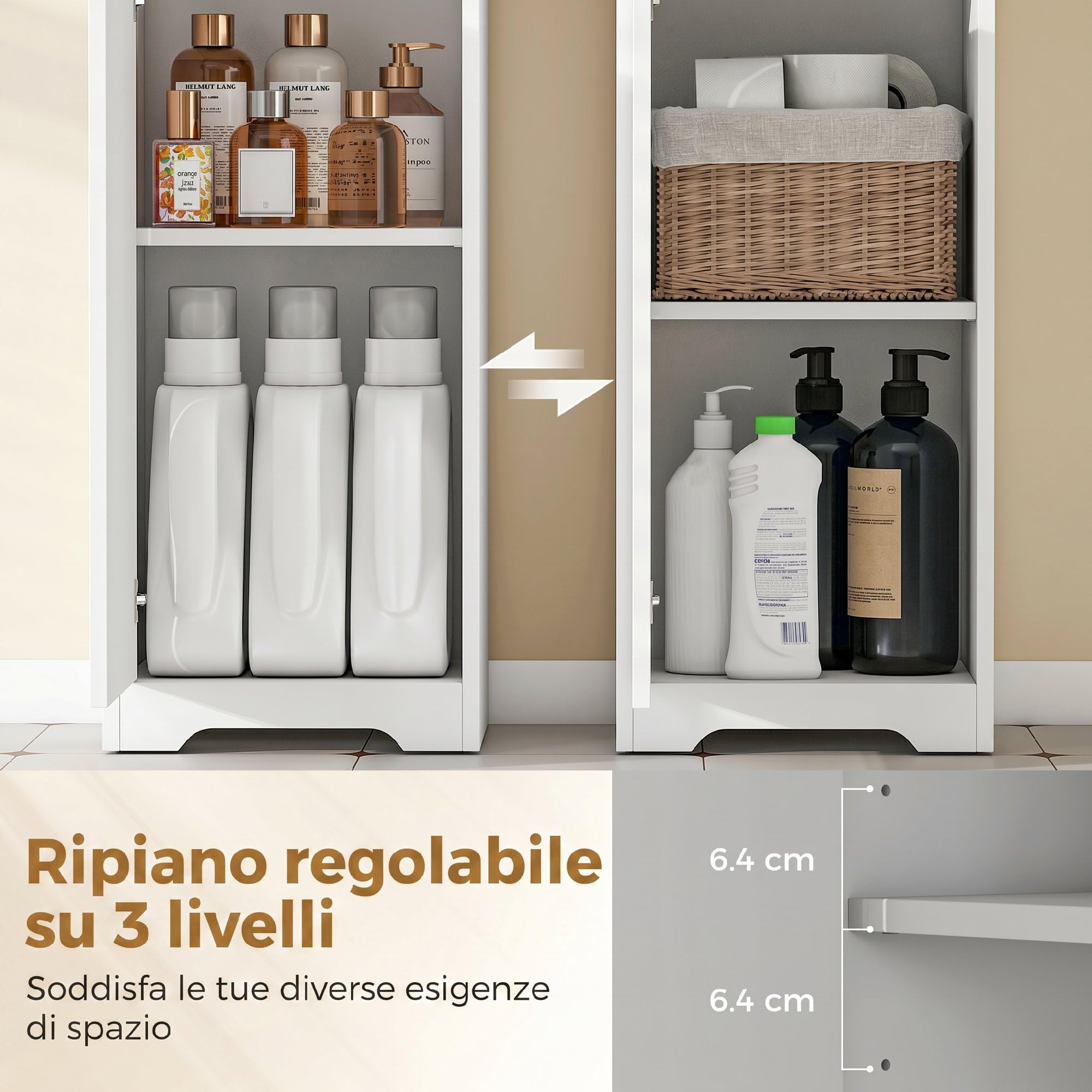 HOMCOM Mobile Bagno Alto 172cm, Armadio con Cassetto 33x30x172 cm Bianco | Mobiletto Bagno Salvaspazio, Ripiano Regolabile, Ante Soft Close, Scomparto Aperto, per Lavanderia
