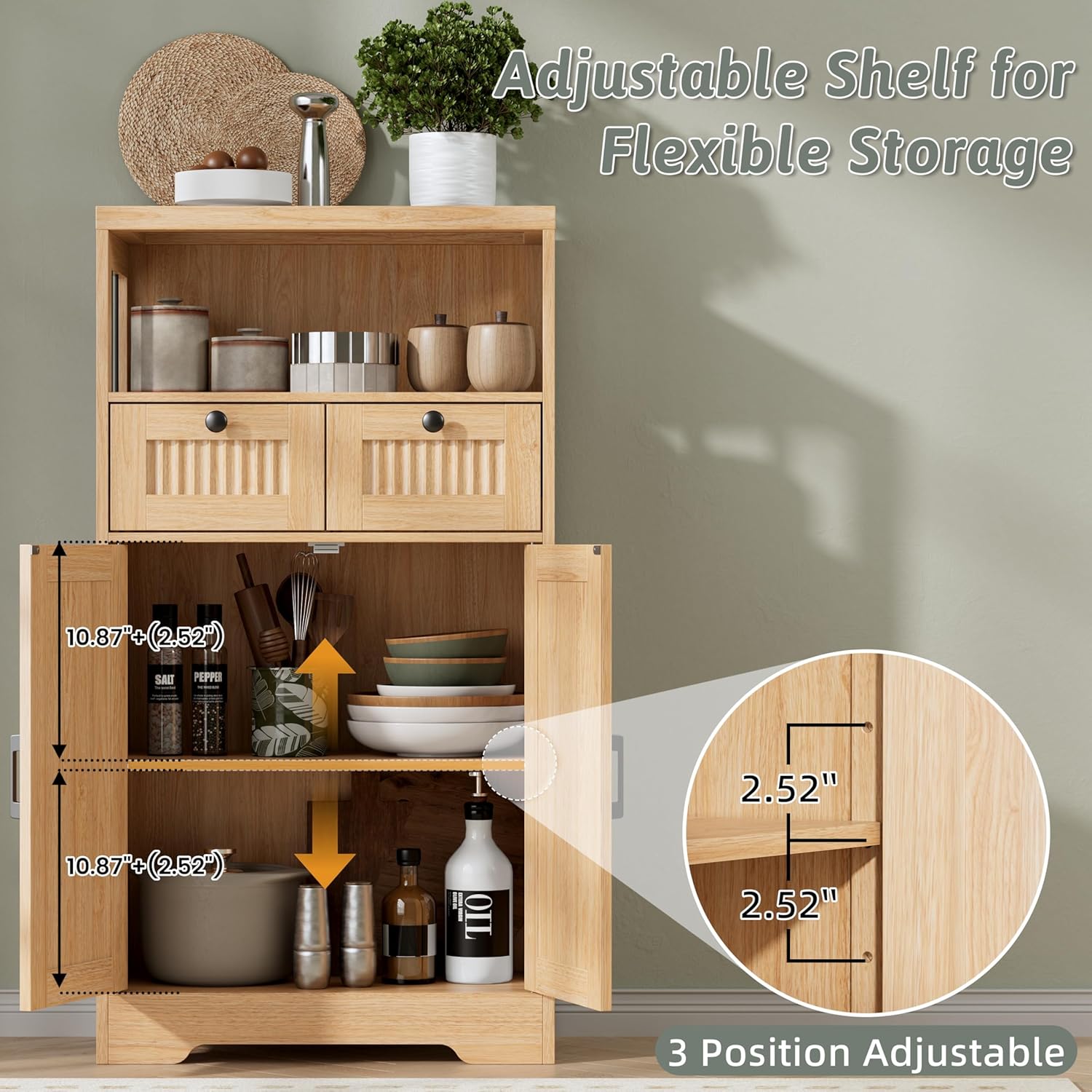 Buffet Cabinet, Fluted Sideboards with 2 Drawers and Doors, Open Compartment & Adjustable Shelf, Small Cabinet for Kitchen, Entryway, Natural Oak