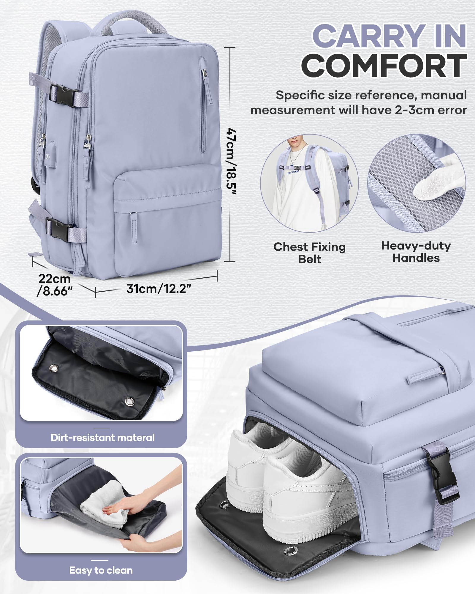 SZLX Zaino Ryanair 40x30x20 Sottovuoto Bagaglio a Mano 40x20x25 Donna Zaino da Viaggio 40x30x20 Wizzair Borse da Cabina per Easyjet 45x36x20 Uomo per Laptop 14 Pollici con Porta USB e Porta Scarpe