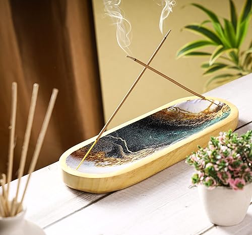 Miniatura 3 de Bless-International Quemador de Bandeja Tradicional Hecho a Mano de Madera, Soporte para Varillas de Incienso, Atrapacenizas para Aromaterapia,