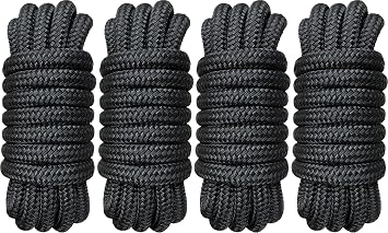 4 Pack 3/4" x 20 Dock Lines - Marine Grade Nylon Boat Rope with 15" Loop for Docking and Mooring - Double Braided Boat Lines, High Strength, Easy Handling, Fray Resistant, Heavy Duty - Black