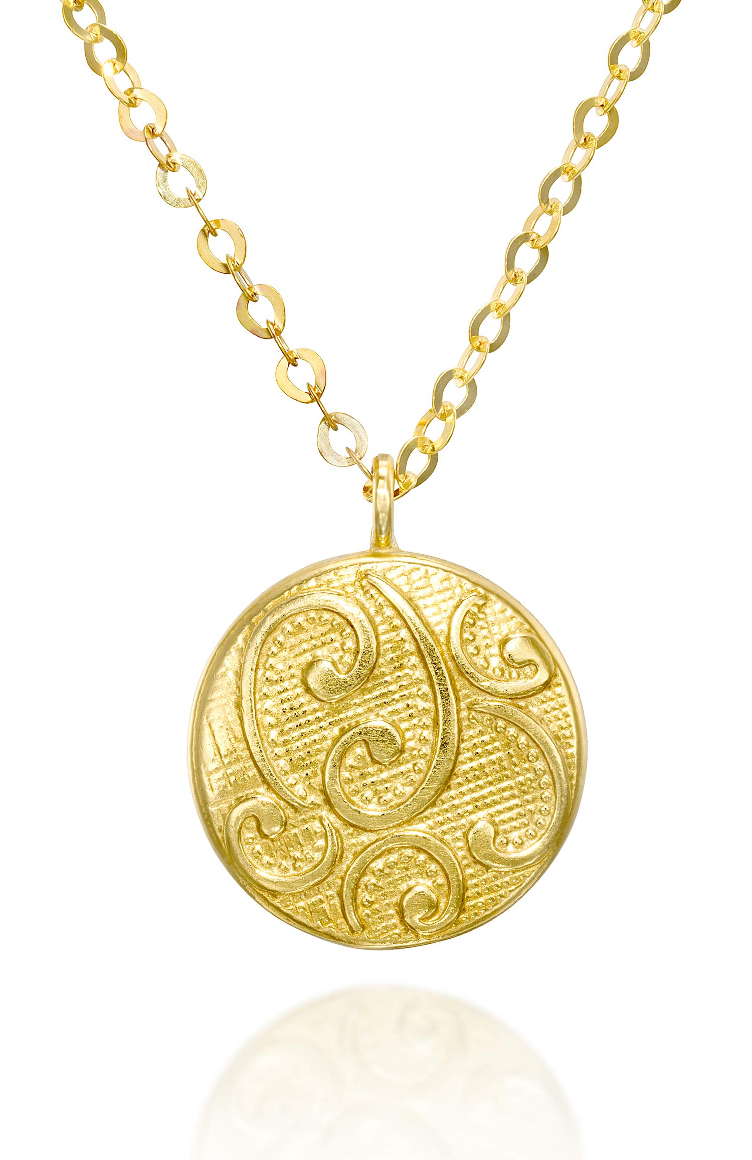 Stera Jewelry14k Gold Plated Silver Small Round Pendant Necklace with Decorative Design, 18" + 4" Extender
