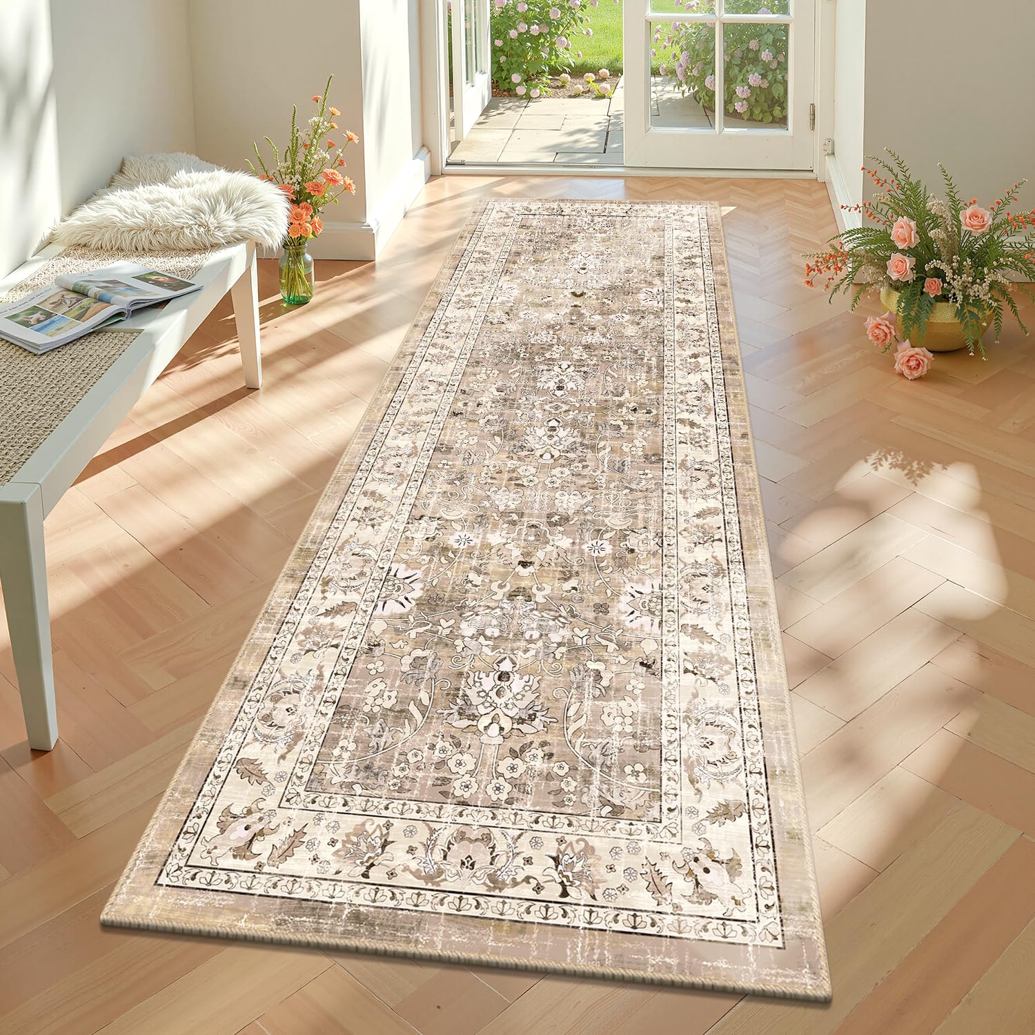 Homodeco Runner Rugs for Hallway Kitchen Non Slip, Beige Brown, 60 x 180cm — image 1