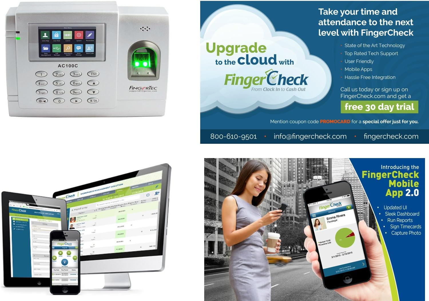 AC100C - Biometric Fingerprint Employee Time Clock / Optional upgrade to subscription based online software, FingerCheck