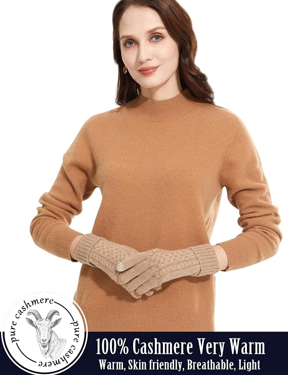 Luxurious Women's 100% Cashmere Gloves Touchscreen with Long Ribbed Cuffs for Winter Keep Warm